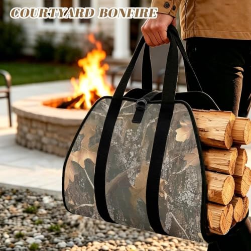 Tree Leaf Camo Print Firewood Log Carrier Tote | Open-Ended Design, Large Capacity, Waterproof Fabric, for Fireplaces, Bonfires and Wilderness Camping - color: Tree Leaf Hunting Camo Print