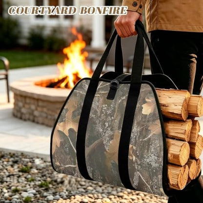 Tree Leaf Camo Print Firewood Log Carrier Tote | Open-Ended Design, Large Capacity, Waterproof Fabric, for Fireplaces, Bonfires and Wilderness Camping - color: Tree Leaf Hunting Camo Print