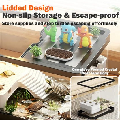Turtle Aquarium with Lamp, High Transparent with Drain Hole & Protective Top, All-in-one Reptile Terrarium Kit with Basking Light, Hideout & Multi-Area Habitat for Small Tortoise Amphibian