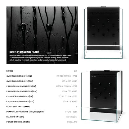 Ultum Nature Systems Foresta Integrated Paludarium Tank - All in One Aquarium w/Waterfall, Mist Maker, Water Pump, Modern Fish Tank w/Filtration for Aquatic Plants - 13.78" x 13.78" x 17.72" - 35E - size: 35E