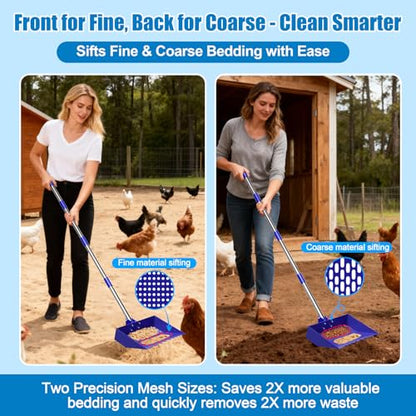 12-Inch 2-in-1 Chicken Poop Scooper & Rake, Chicken Coop Scoop with Adjustable Stainless Steel Handle （24–64"）, 3 Angles & 2 Sifting Holes, Litter Scoop Sand Sifting Shovel Pooper Scooper (Blue) - color: Blue