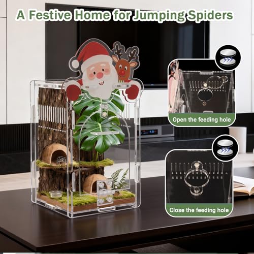 Santa Claus Jumping Spider Enclosure, Magnetic Acrylic Habitat Terrarium with Secure Doors, 4x4x6.3 Inch Small Desktop Decor Gift for Spider, Mantis, Beetles
