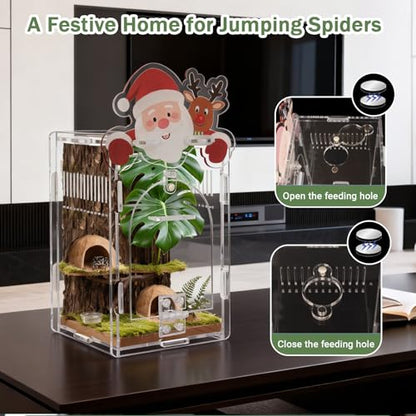 Santa Claus Jumping Spider Enclosure, Magnetic Acrylic Habitat Terrarium with Secure Doors, 4x4x6.3 Inch Small Desktop Decor Gift for Spider, Mantis, Beetles