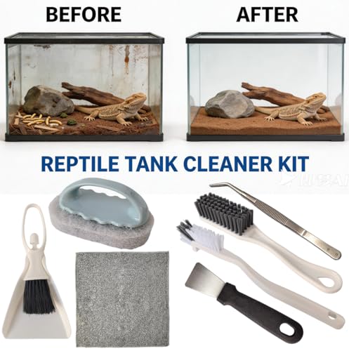 7PCS Bearded Dragon Tank Cleaning Kit, Specialized Cleaning Tool Set for Reptile Tanks, Includes Curved Tweezers, Glass Scraper, Desktop Dustpan, Tile Brush, Charcoal Cloth, Gap Brush, and Scraper