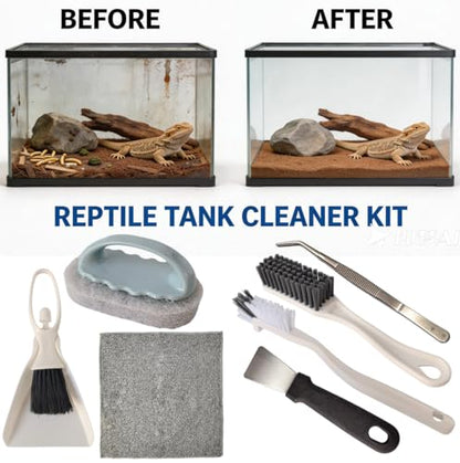 7PCS Bearded Dragon Tank Cleaning Kit, Specialized Cleaning Tool Set for Reptile Tanks, Includes Curved Tweezers, Glass Scraper, Desktop Dustpan, Tile Brush, Charcoal Cloth, Gap Brush, and Scraper