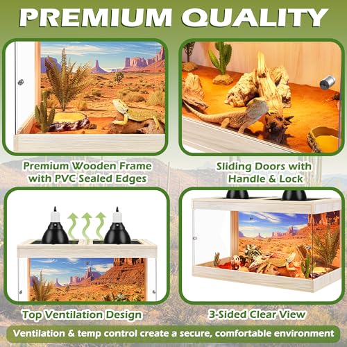 Royxen Bearded Dragon Tank, 30 Gallons Tempered Glass Reptile Terrarium with Metal Mesh Top, 3-Side Clear Anti-Scratch Glass Lizard Tank for Reptile Habitat (Oak, 24" Length) - color: Oak, size: 30Gal,24x16x16inch