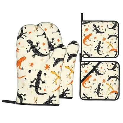 Reptile Painting Prints Kitchen Layers: Waterproof Oven Covers for Safe Handling & Easy Cleanup – 4 Piece Heat Protection Bundle