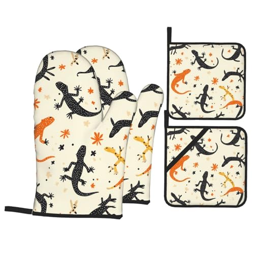 Reptile Painting Prints Kitchen Layers: Waterproof Oven Covers for Safe Handling & Easy Cleanup – 4 Piece Heat Protection Bundle