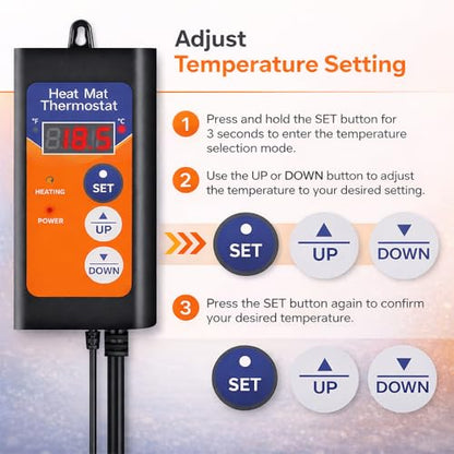 Heat Mat Thermostat | Digital Thermostat Controller for Seed Germination, Reptiles, Brewing, Incubation and Greenhouse Heating, 40–108°F, 8.3A 1000W