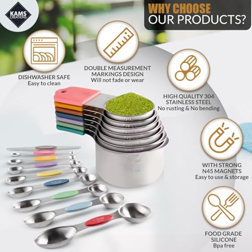 16PCS Magnetic Measuring Cups and Spoons Set with Leveler – Strong N52 Magnets, Premium 304 Stainless Steel, Double Sided Measuring Spoons, Easy to Read Engraved Measurements for Baking & Cooking