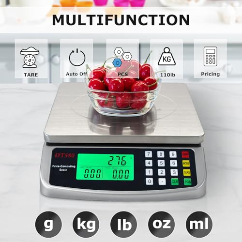 110lb Food Scale, Digital Kitchen Scale with Price Computing Commercial Scale 5 Units, Hold, Tare, PCS, 304 Stainless Steel for Baking, Cooking, Meat, Counting, Adapter Included - color: Silver 50kg (Hold Mode)