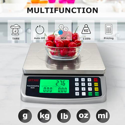 110lb Food Scale, Digital Kitchen Scale with Price Computing Commercial Scale 5 Units, Hold, Tare, PCS, 304 Stainless Steel for Baking, Cooking, Meat, Counting, Adapter Included - color: Silver 50kg (Hold Mode)