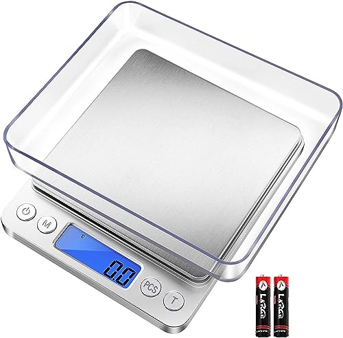 Fuzion Small Gram Scale 3000g, Digital Kitchen Food Scale, Gram and Ounce | 0.1g Accuracy, 6 Modes, 2 Trays Included, LCD Display, Tare, Piece Counting, For Food, Coffee, Cooking, Herb, Reptiles, Coins - color: Silver