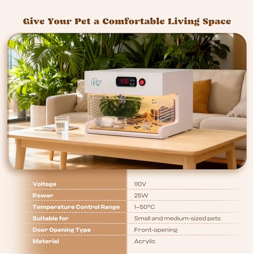 Moongiantgo Thermostat-Controlled Reptile Enclosure 11.89x12.01x9.25 Inch | Detachable Leopard Gecko Tank Heating Habitat, Front Opening Acrylic Terrarium for Crested Gecko, Small Pets, Air Flow&Latch