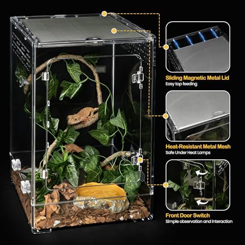 Reptile Tank,12" x 12" x 18" Tall Starter Crested Gecko Terrarium | Vertical Transparent Enclosure Kit,Arboreal Tarantula Ventilation Habitat for Tree Frog Dart Cribs,Gecko,Small Reptile Cage - size: 12*12*18inch