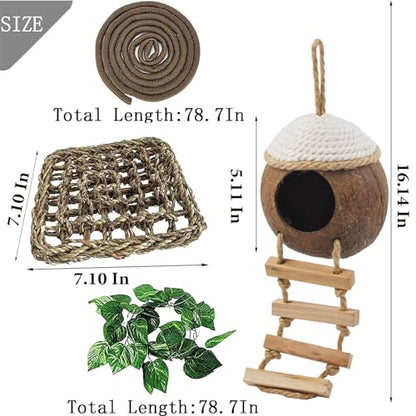 Leopard Gecko Coconut Hut with Ladder,Grested Gecko Coco Den Lizards Hanging Coconut Shell Hideout Cave Reptiles Tank Accessories Climbing Hanging Plants Jungle Vine Flexible Leaves Decor - style: 【Style D】