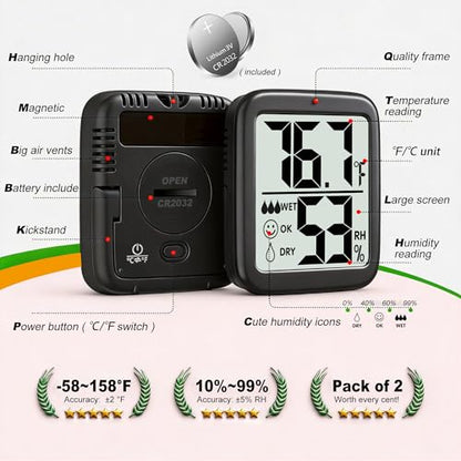 2 Pack Room Thermometer Indoor Hygrometer | Monitor Temperature & Humidity, Accurate, Fast Read, Easy To View, Magnetic/Kickstand/Hanging, ℉/℃, w/ Battery, Compact - color: 2 Pcs * Classic Black ( 97%+ Choice )