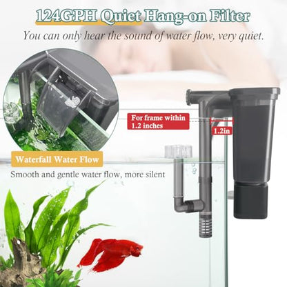 5W Hang on Aquarium Filter: Ultra Quiet 124 GPH Fish Tank Filter with Filter Sponge and Activated Carbon, Adjustable Waterfall Filter for 5-15 Gallon Fish Tank