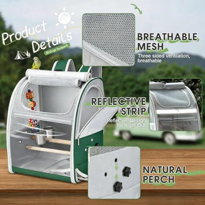 Sanmoncare Bird Carrier Backpack with 2 Adjustable Perches, Water-Repellent Parrot Travel Cage with Stainless Steel Tray, Breathable Pet Carrier for Cockatiels, Conures and Vet Visits, Green - color: Green