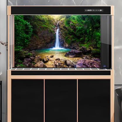 Waterfall Aquarium Background Deep Forest Natural Landscape Terrarium Background Falls Green Jungle Plants Huge Rocks Fish Tank Background Waterfall Rock Reptile Habitat Background Vinyl 24x12in - color: Ochre, size: 24(W)x12(H)in