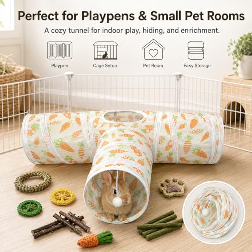 Rabbit Tunnel Toy, Collapsible 3-Way Hideout Tunnel with Chew Toys for Rabbits, Guinea Pigs, Ferrets, Kittens & Small Pets - Orange & White Carrot Design (33"x20"x9.5") - color: Orange