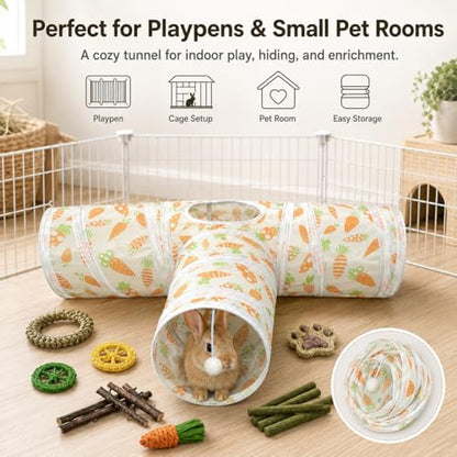 Rabbit Tunnel Toy, Collapsible 3-Way Hideout Tunnel with Chew Toys for Rabbits, Guinea Pigs, Ferrets, Kittens & Small Pets - Orange & White Carrot Design (33"x20"x9.5") - color: Orange