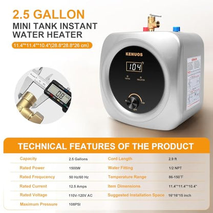 Mini Tank Water Heater 2.5 Gallon Under Sink Instant Water Heater with LED Dsiplay,T&P Valve,3-Way Diverter,110V 120V Small Hot Water Heaters for Kitchen Apartment RV Bathroom Gray - color: Gray