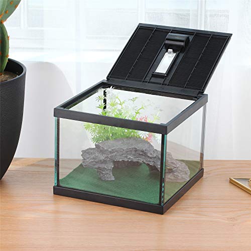 Glass Lizard Tank, Spider Box Kit, 7.8x7.8x5.9'' Tarantula Feeder Insects Beetle Habitat, Amphibians Terrarium for Small Pet, with Washable Mat, Resin Rock Shape Hideout, Artificial Flower | 1.55 US Gal For Baby Gecko And Small Insects, Vented Lockable Li