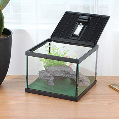 Glass Lizard Tank, Spider Box Kit, 7.8x7.8x5.9'' Tarantula Feeder Insects Beetle Habitat, Amphibians Terrarium for Small Pet, with Washable Mat, Resin Rock Shape Hideout, Artificial Flower | 1.55 US Gal For Baby Gecko And Small Insects, Vented Lockable Li