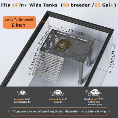 Large Standing Turtle Basking Platform with Ramp, Food Tray, Upgraded | Dock for Large or Multiple Turtles, Non-Slip Ramp, Adjustable Height, for 65+ Gallon Aquariums (Fits Tanks Over 14+ In Wide) - size: 12.72 × 8.74 inch