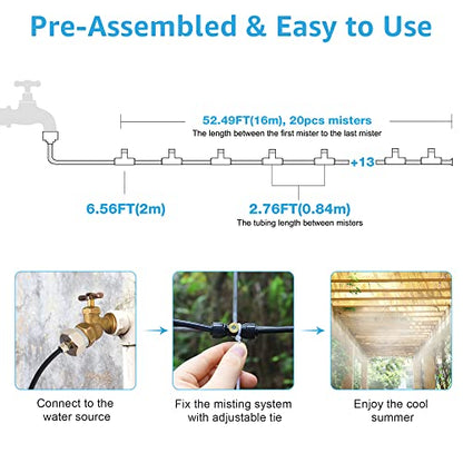 59FT Misters for Outside Patio, 20 Brass Nozzles, 3/4 Inch Adapter | Creates Cooling Fine Mist for Patios, Gardens and Greenhouses, 18M Preassembled Misting Line Supports Easy DIY Setup. - size: 59FT