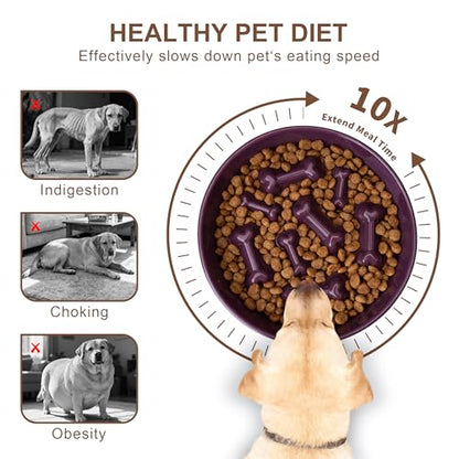 Ceramic Slow Feeder Dog Bowls, Ceramic Slow Feeder Maze Dog Food Bowl, Slow Eating Dog Bowl and Slow Feeder Dog Bowl Anti-Choking for Daily Pet Feeding （Purple Bone） - color: Purple Bone