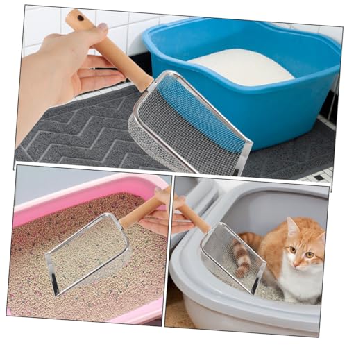 Wood Handle Stainless Steel Reptile Litter Scoop Sifting Shovel with 2x2mm Mesh Screen for Terrarium Cleaning Indoor Pet Waste Removal Tool