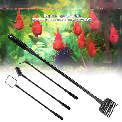 4 in 1 Portable Aquarium Cleaning Tool Kit Fish Tank Cleaning Set with Long Handle Fish Tank Cleaner Net, Shovel, Sponge, Plant Fork - Saltwater & Freshwater Fish Tank