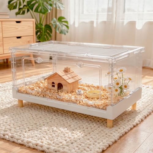 Hamster Cage Cozy Low Playhouse Hideout Castle Oasis | 470 Sq In roomy floor, bookshelf fit height, frosted privacy panel for tiny pets, rapid setup - size: 27.6"L x 17.0"W x 13.4"H