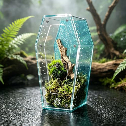 Installation Free Glitter Acrylic Coffin Jumping Spider Enclosure - Gothic Terrarium Habitat with Magnetic Lid, Micro Reptile Breeding Box for Slings, Mantis, Isopods and Small Insects (Glitter Blue) - color: Glitter Blue