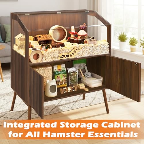 PROLEE Hamster Cage with Storage Cabinet,Large Hamster Encloure Chew Proof Wood,Clear View Hamster Habitat for Guinea Pig, Ferret, Rat, Hedgehog，47“ X 40” X 20“ (Walnut) - color: Walnut