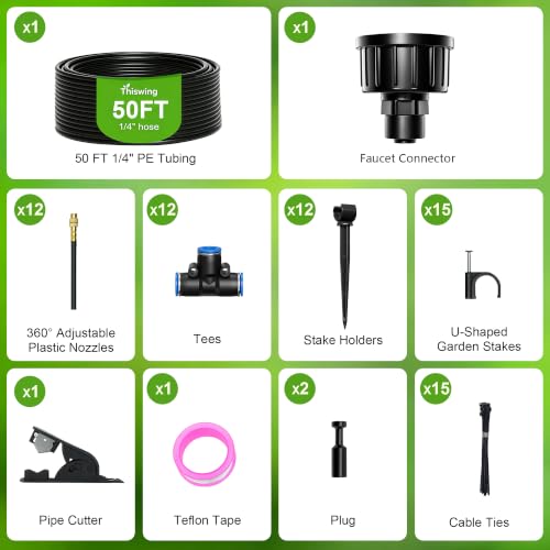 50 FT 360° Adjustable Irrigation System for Garden with Stake Holders | 1/4" Tubing, 12 Nozzles, Automatic Watering Misting System, Sprinkler for Garden, Raised Bed, Lawn, Plants - size: 50FT
