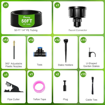 50 FT 360° Adjustable Irrigation System for Garden with Stake Holders | 1/4" Tubing, 12 Nozzles, Automatic Watering Misting System, Sprinkler for Garden, Raised Bed, Lawn, Plants - size: 50FT