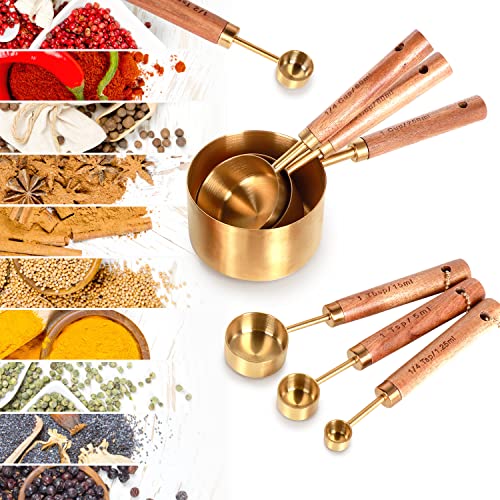 Collection 8 Piece Gold Measuring Cups Set and Measuring Spoons, Golden With fragrant wood Handles-Complete Set of Measure Cups and Spoons For Cooking and Baking.… - color: Gold