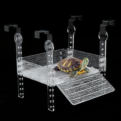 Hanging Floating Turtle Basking Platform Dock for 10/20/55/40 Gal Long Tank | Acrylic Floating Turtle Dock, Adjustable Platform Width 10-12.5 In, Basking Platform for Aquatic Turtles, Non-slip Bark Ramp - size: Large