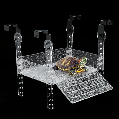 Hanging Floating Turtle Basking Platform Dock for 10/20/55/40 Gal Long Tank | Acrylic Floating Turtle Dock, Adjustable Platform Width 10-12.5 In, Basking Platform for Aquatic Turtles, Non-slip Bark Ramp - size: Large