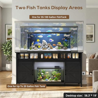 VOWNER 75-120 Gallon Fish Tank Stand with Power Outlet for 2 Tanks, Black | Farmhouse Aquarium Stand with Storage Cabinet & Sliding Barn Doors, Heavy Duty Reptile Tank Stand, 1000LBS Capacity - color: Black
