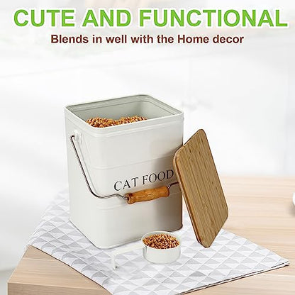 Cat Food storage container Cat Treats Jar,5~6 lb Metal food treats tin for Cat, pet snacks Canisters with wooden lid/handle/sevice scoop-White - color: Cat-White