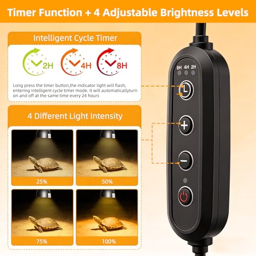 COOSPIDER 50W Turtle Basking Light Reptile Heat Lamp with Clamp & Timer | Fixture 360° Rotatable Hose with 2 Spare G9 Base Bulbs for Plants Small Reptiles Bearded Dragon Lizard Snake