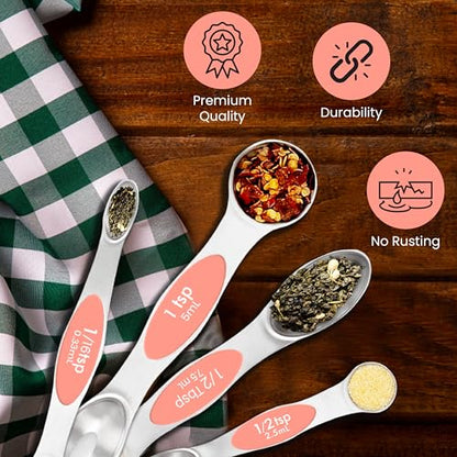 Magnetic Measuring Spoons Set of 9 Stainless Steel Dual-Sided Stackable Measuring Spoon Nesting Teaspoons Measuring Dry and Liquid Ingredients, Fits in Spice Jars Set of 9 (Peach) - color: Peach