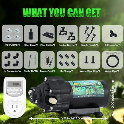 Moongiantgo Reptile Misting System with 360°Adjustable Nozzles&Timer Socket | Reptile Mister with 4PCS 360°Adjustable Single Nozzles&2PCS Double Nozzles, Terrarium Mister for Lizard Chameleon Snake Frog