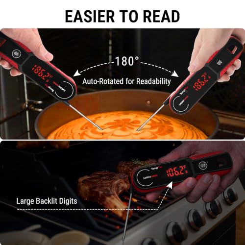 TempPro TempSwift 1 Sec Instant Read Meat Thermometer Digital | Kitchen Food Thermometer with 180° Rotating Display, IP67 Waterproof Cooking Thermometers for Deep Fry Smoker Grill BBQ, Red - color: Red
