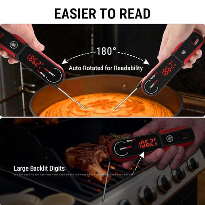 TempPro TempSwift 1 Sec Instant Read Meat Thermometer Digital | Kitchen Food Thermometer with 180° Rotating Display, IP67 Waterproof Cooking Thermometers for Deep Fry Smoker Grill BBQ, Red - color: Red