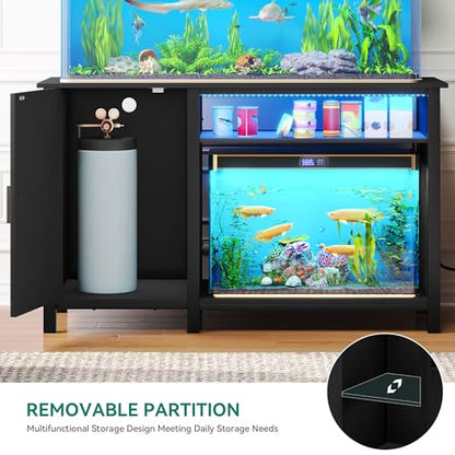 YITAHOME Aquarium Stand with Power Outlets, Black | 55-75 Gallon Fish Tank Stand, Cabinet with RGB Light Strip Suitable for Turtle Tank, Reptile Terrarium, 900LBS Capacity